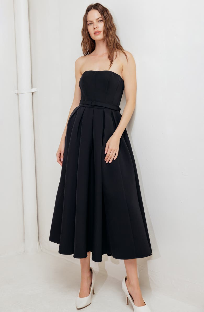 FREEMARKET Belted Strapless Midi Dress, Alternate, color, Black