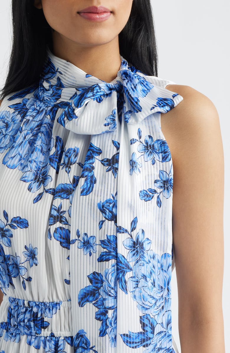 Anne Klein Floral Stripe Mock Neck Midi Dress, Alternate, color, Marina Multi