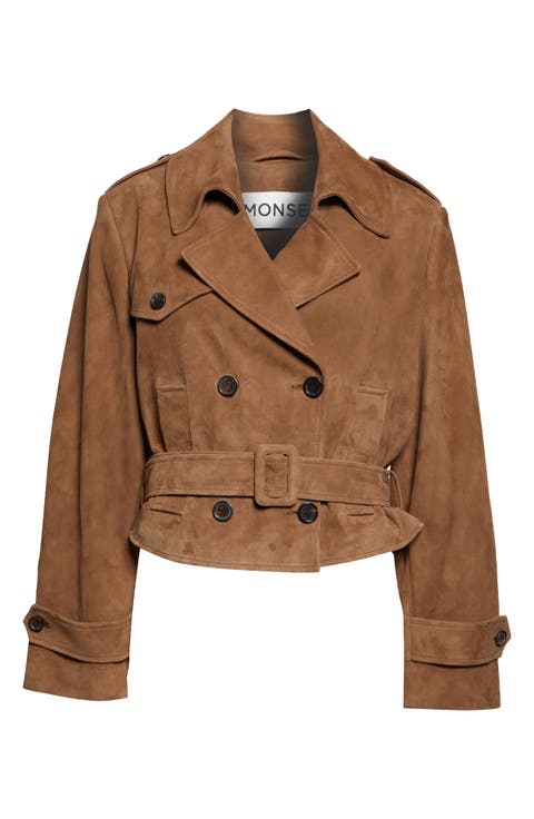 Layering Double Breasted Lambskin Suede Crop Trench Coat