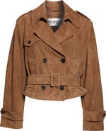 MONSE Layering Double Breasted Lambskin Suede Crop Trench Coat