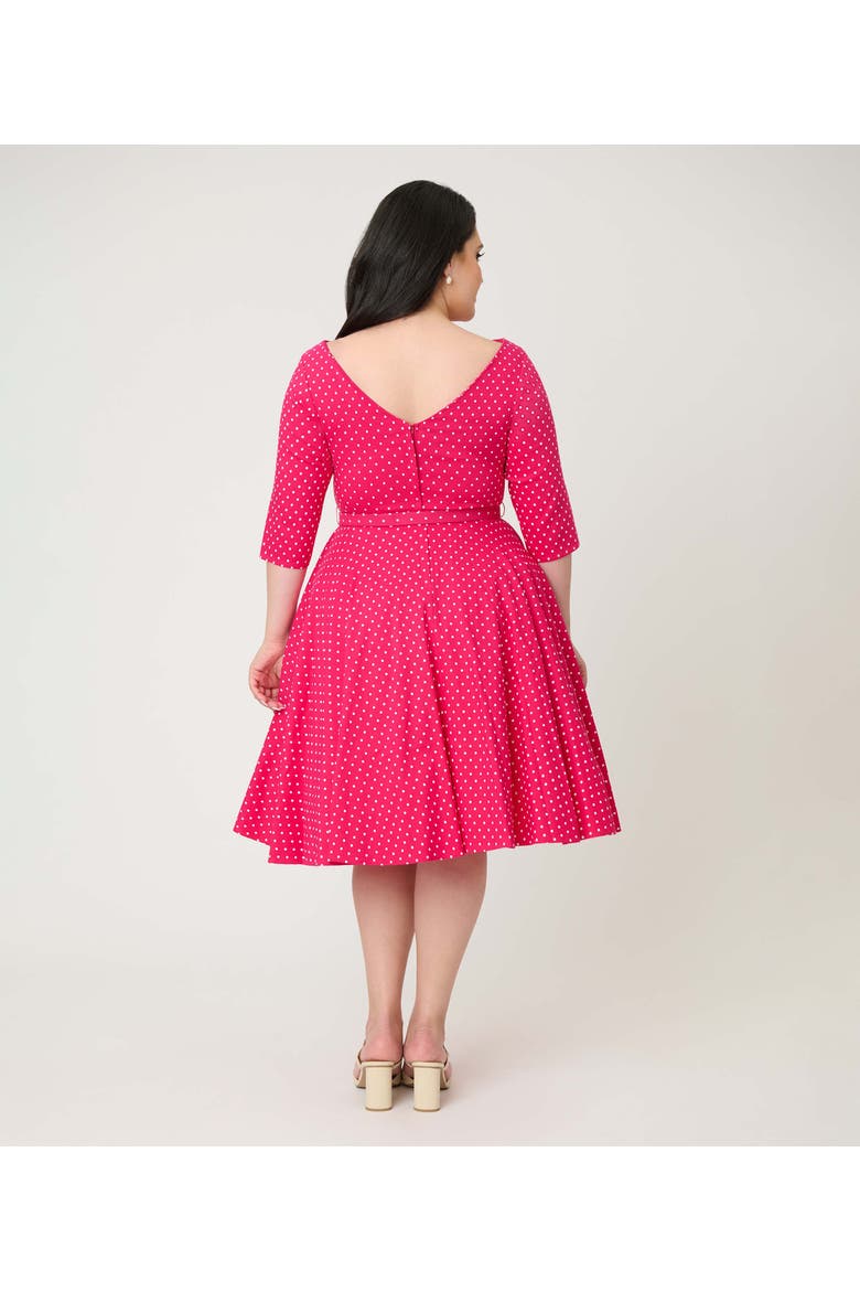 Plus Size Three Quarter Sleeve Belted Devon Swing Dress, Alternate, color, Pink w/ White Pindot