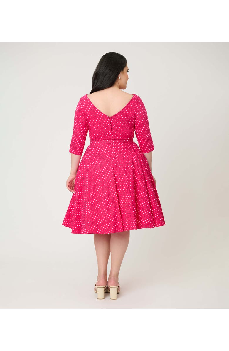 Unique Vintage Plus Size Three Quarter Sleeve Belted Devon Swing Dress, Alternate, color, Pink W/ White Pindot