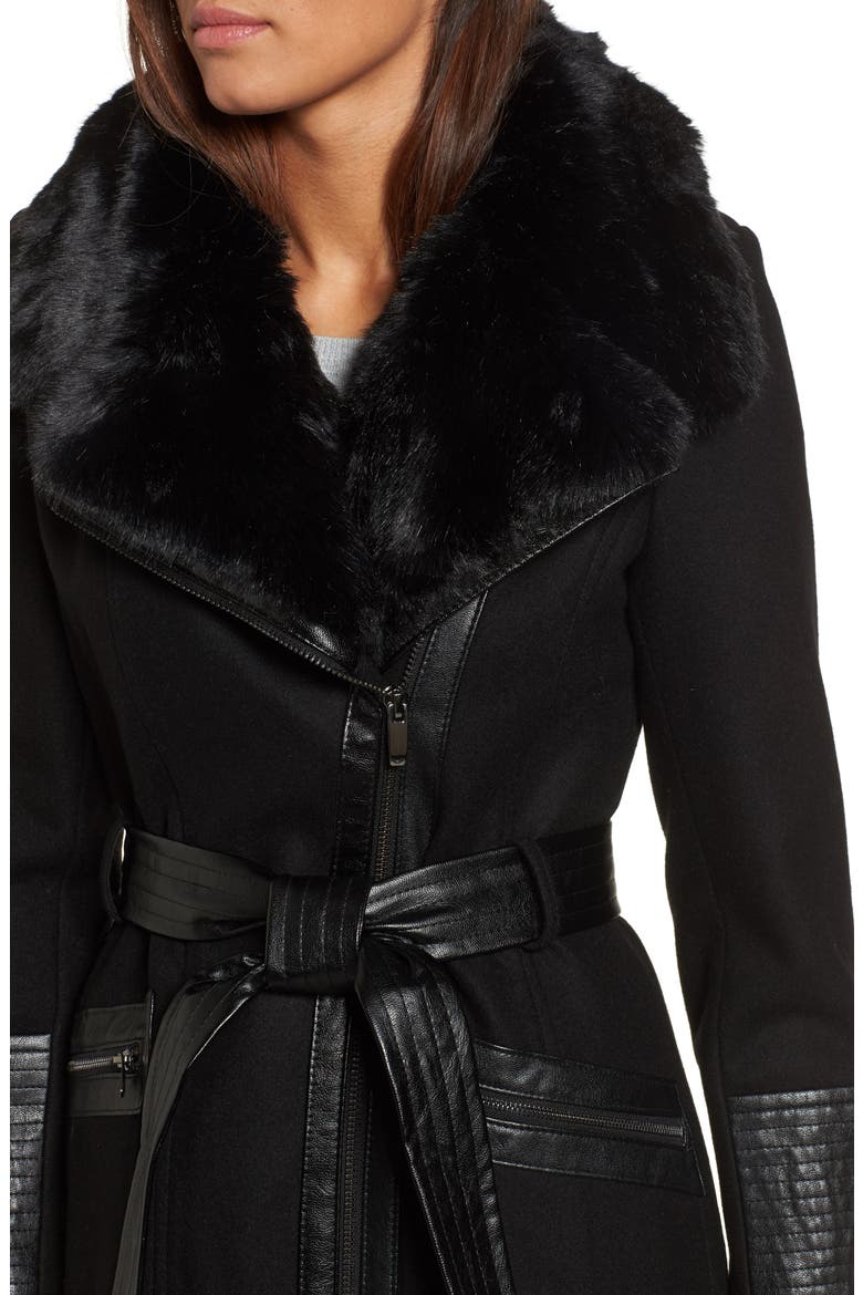 Faux Leather & Faux Fur Trim Belted Wool Blend Coat, Alternate, color, Z/DNUBLACK