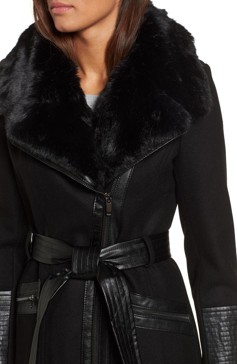 Via Spiga Faux Leather & Faux Fur Trim Belted Wool Blend Coat, Alternate, color, 
