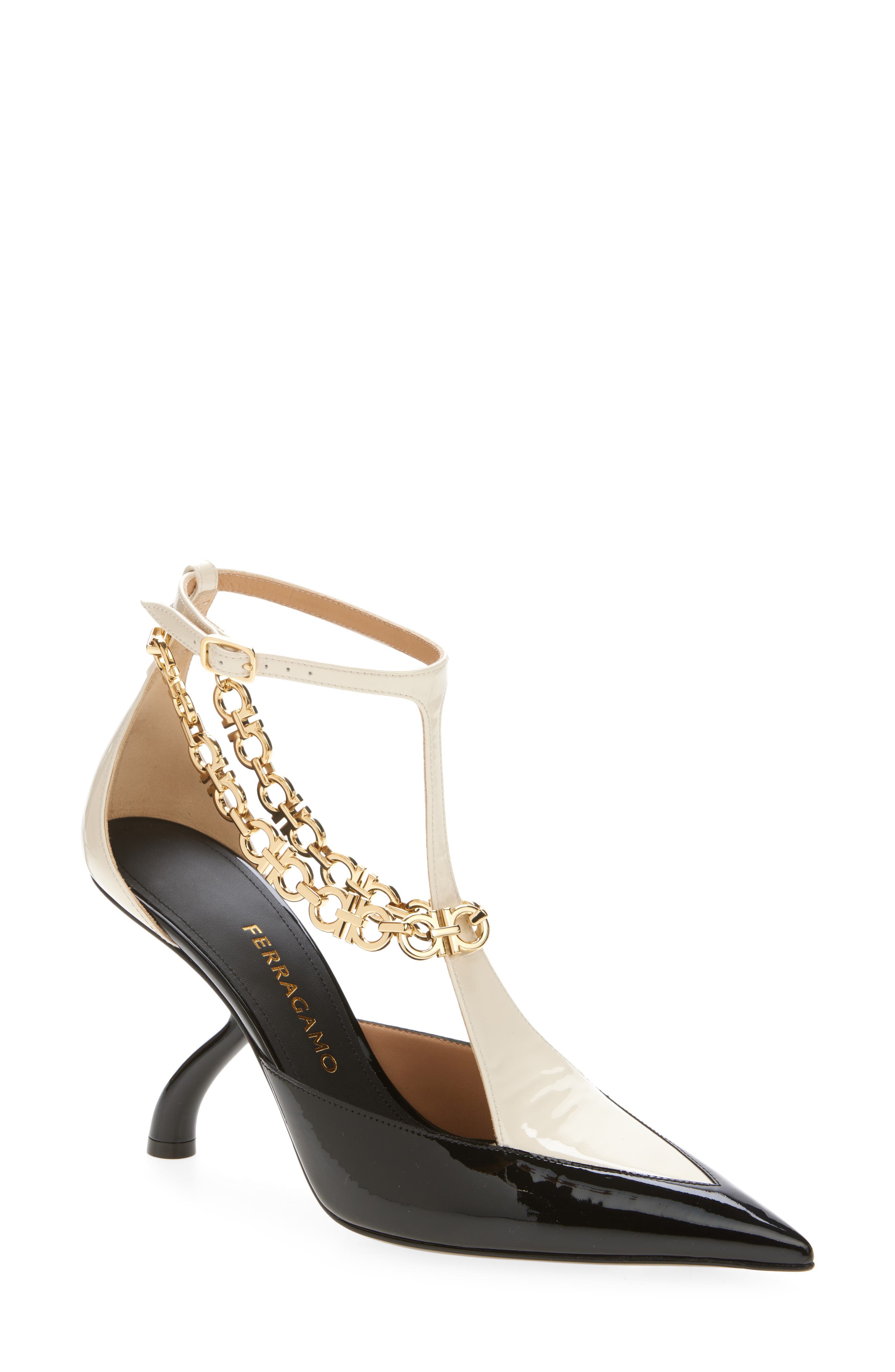 FERRAGAMO Rupy Gancini Chain T-Strap Pump, Main, color, Black