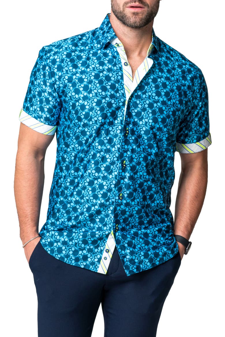 Galileo Skull Regular Fit Short Sleeve Button-Up Shirt, Alternate, color, BLUE
