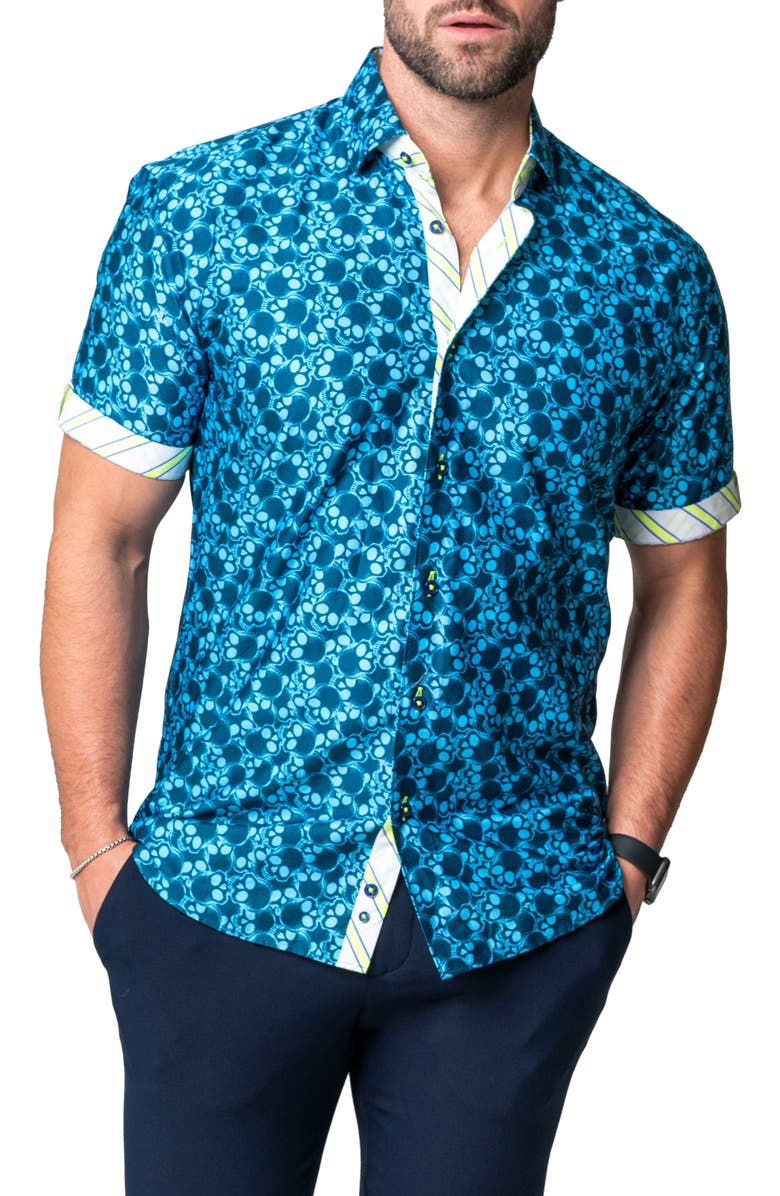 Maceoo Galileo Skull Regular Fit Short Sleeve Button-Up Shirt, Alternate, color, Blue