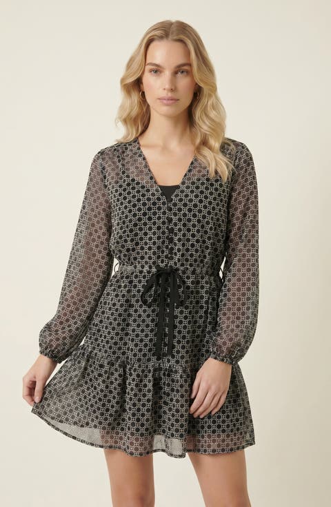 Polka Dot Embroidered Lace V-Neck Tie Waist Dress