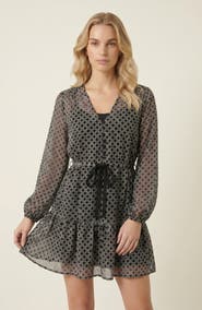 Modenaire Polka Dot Embroidered Lace V-Neck Tie Waist Dress