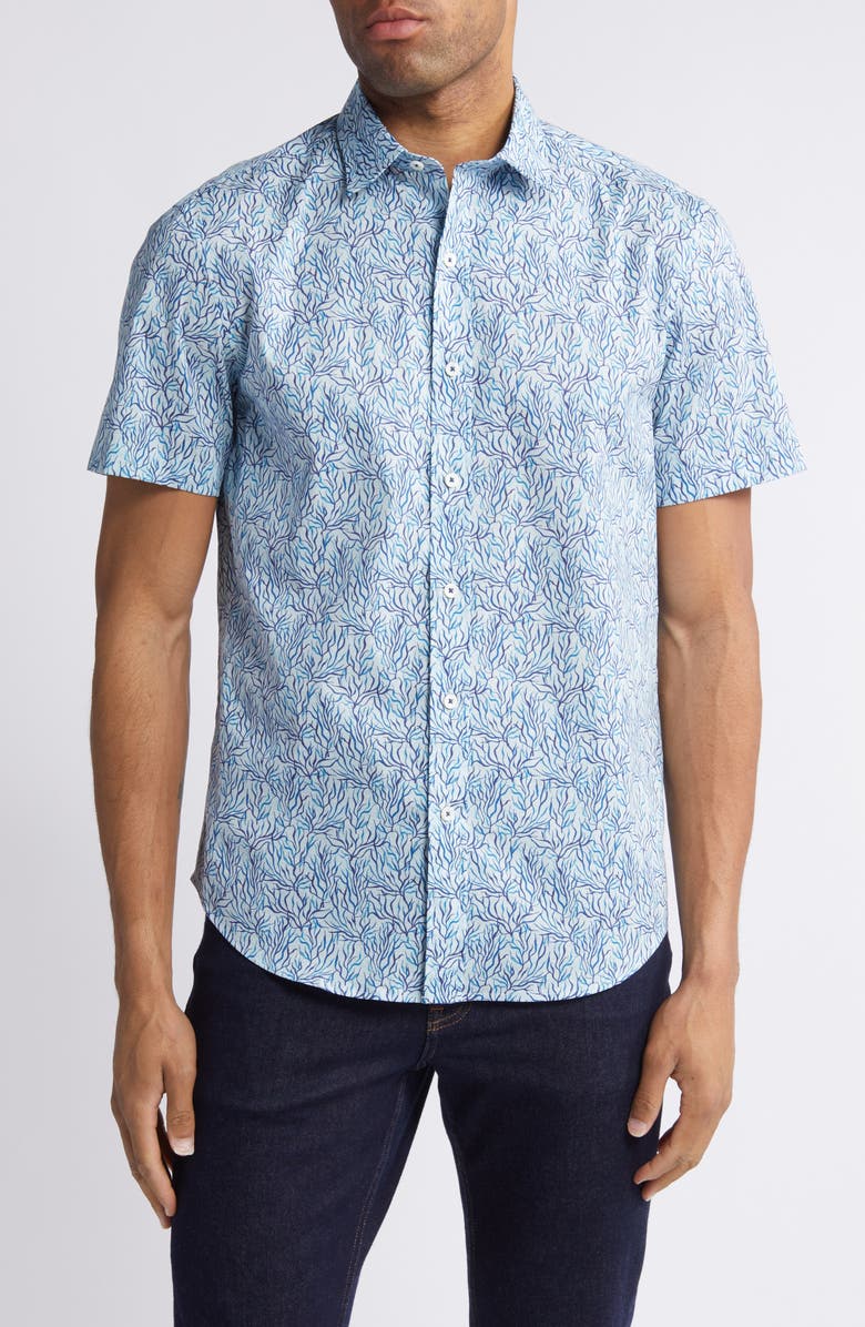 Bugatchi Orson Leaf Print Stretch Cotton Camp Shirt, Main, color, Aqua Blue