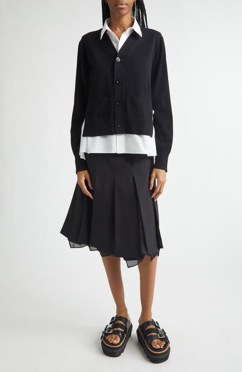 Sacai Mixed Media Poplin & Knit Cardigan, Alternate, color, Black/ Off White