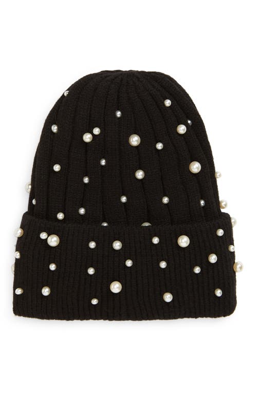 Tasha Imitation Pearl Pompom Beanie in Black 