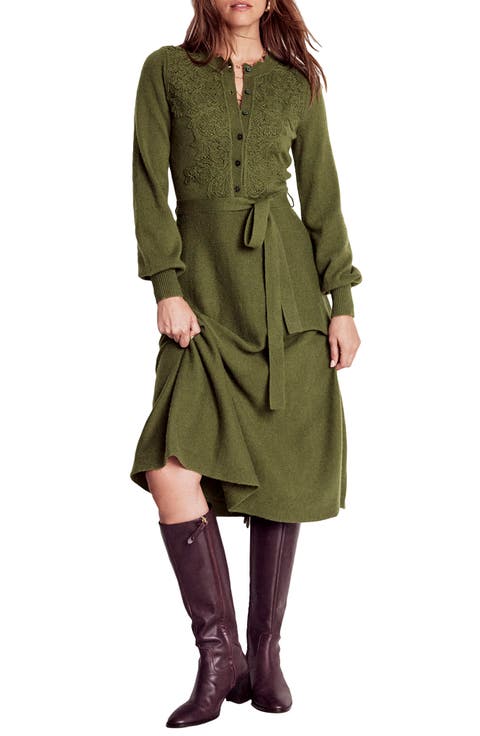 Lace Appliqué Long Sleeve Tie Belt Midi Sweater Dress