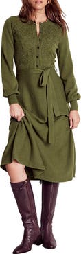 Boden Lace Appliqué Long Sleeve Tie Belt Midi Sweater Dress