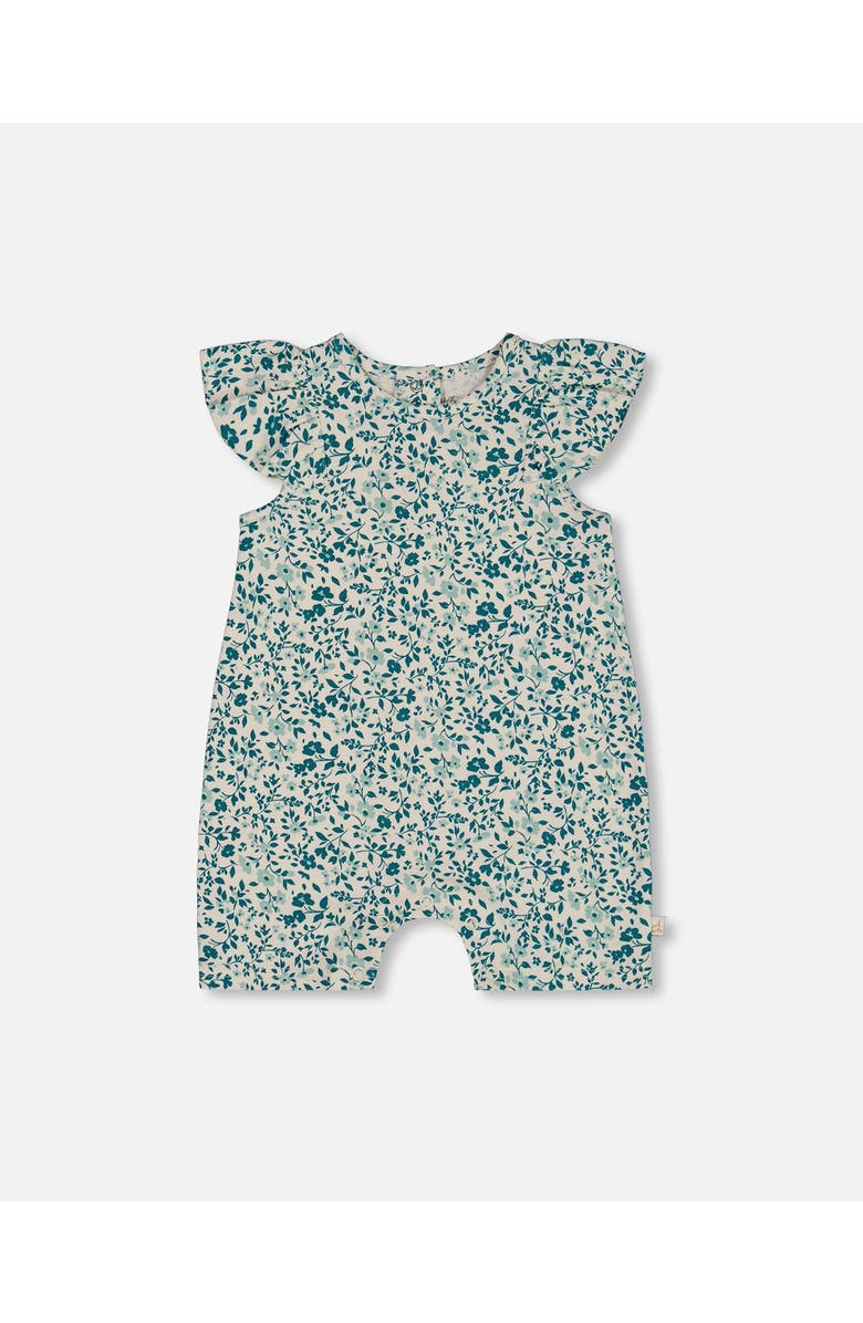 Deux par Deux Baby Girl's Printed Organic Cotton Romper With Frills Small Turquoise Flowers, Main, color,