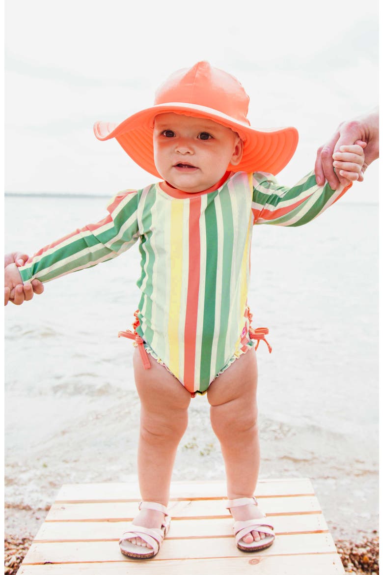 Saltwater Stripe One-Piece Rashguard Swimsuit & Hat Set, Alternate, color, ORANGE