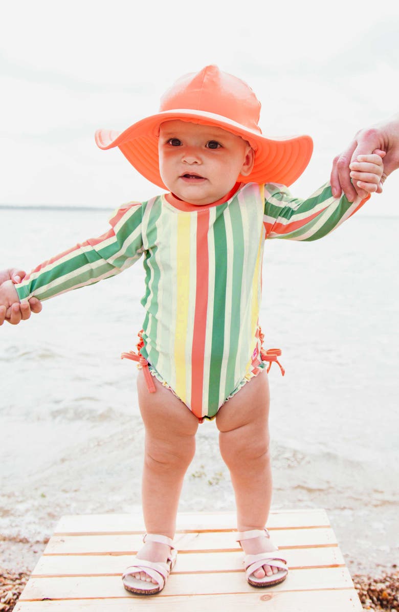RuffleButts Saltwater Stripe One-Piece Rashguard Swimsuit & Hat Set, Alternate, color,