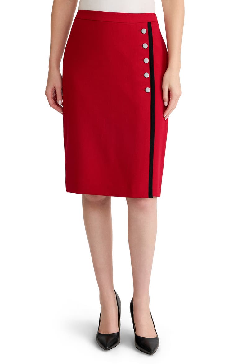 Faux Wrap Skirt with Buttons, Main, color, FIRE RED/ BLACK