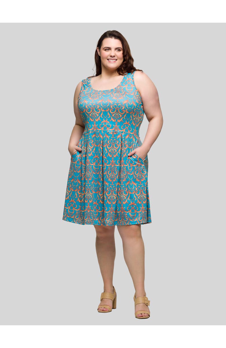 24seven Comfort Apparel Plus Size Sky Blue Abstract Print Sleeveless Pleated Knee Length Pocket Dress, Main, color, Blue Multi