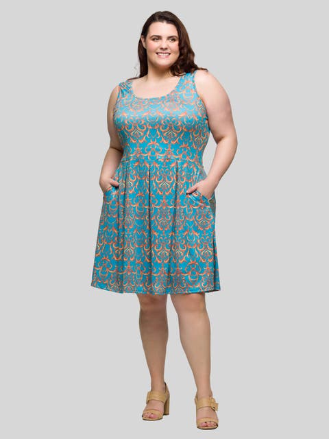 Plus Size Sky Blue Abstract Print Sleeveless Pleated Knee Length Pocket Dress