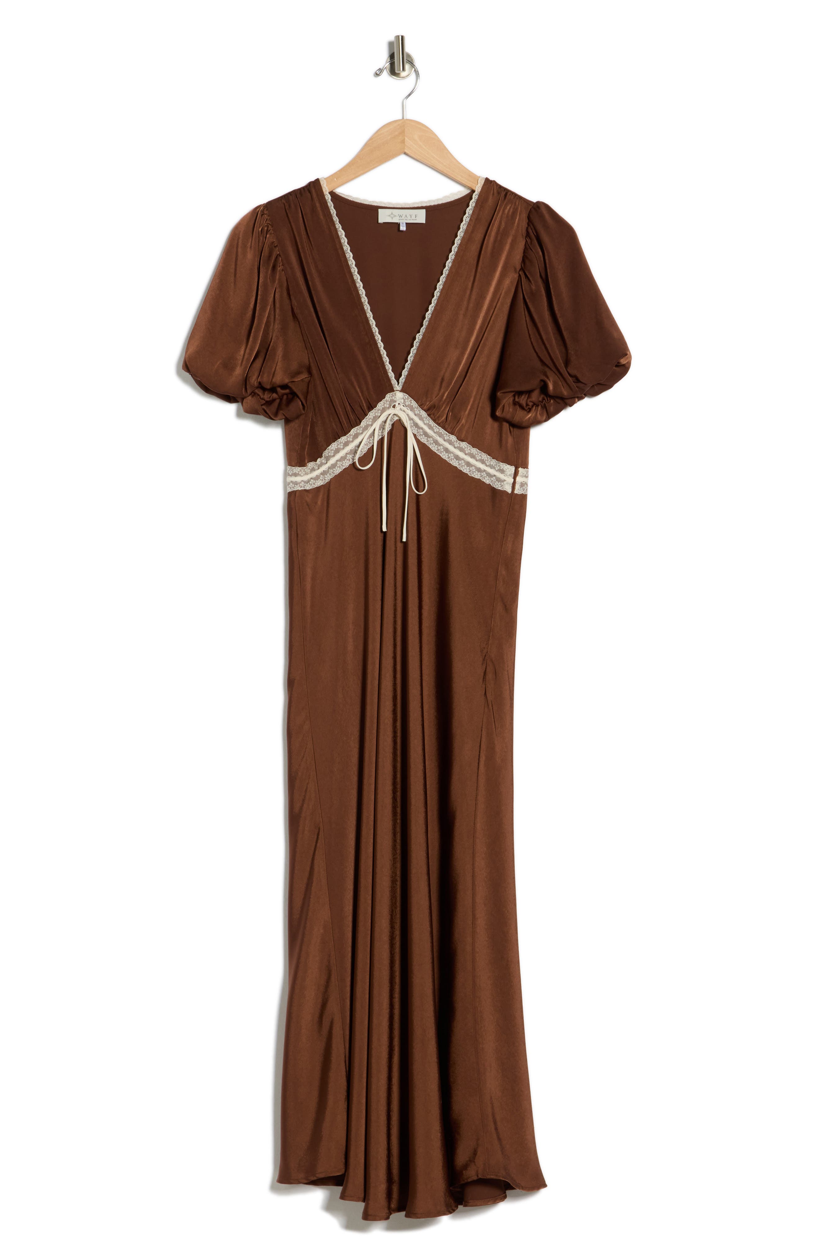 WAYF Lace Trim Puff Sleeve Midi Dress