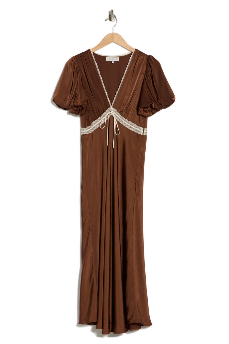 Lace Trim Puff Sleeve Midi Dress, Alternate, color, BROWN