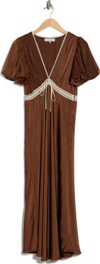 WAYF Lace Trim Puff Sleeve Midi Dress