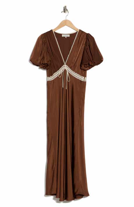 WAYF Lace Trim Puff Sleeve Midi Dress