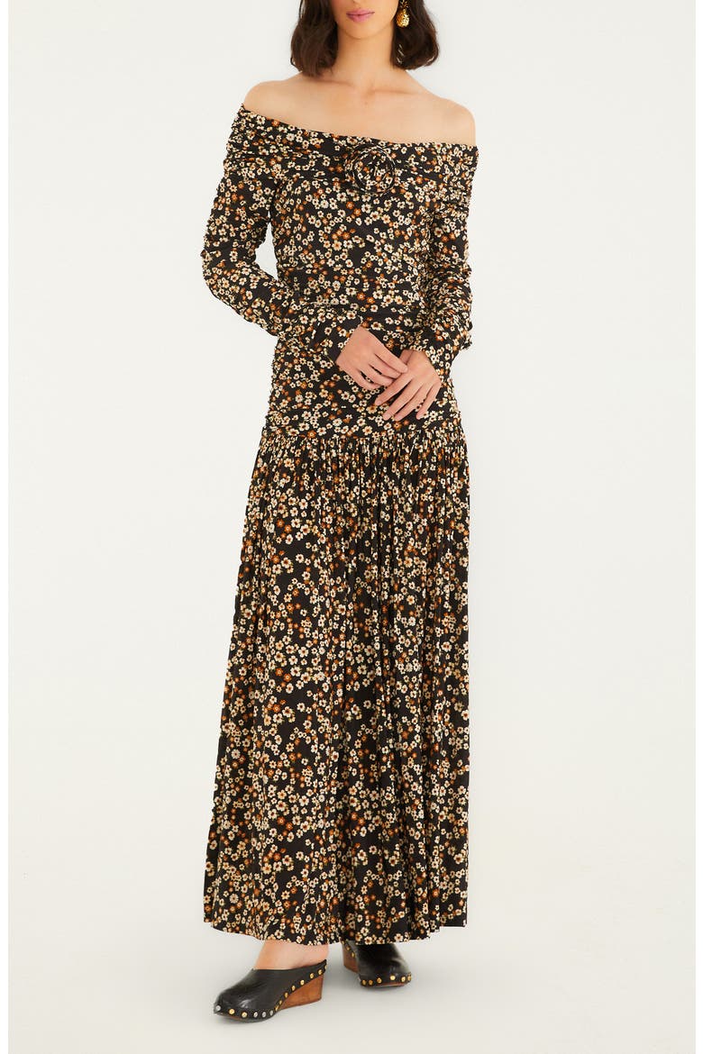 Floral Off the Shoulder Long Sleeve Maxi Dress, Main, color, BLACK