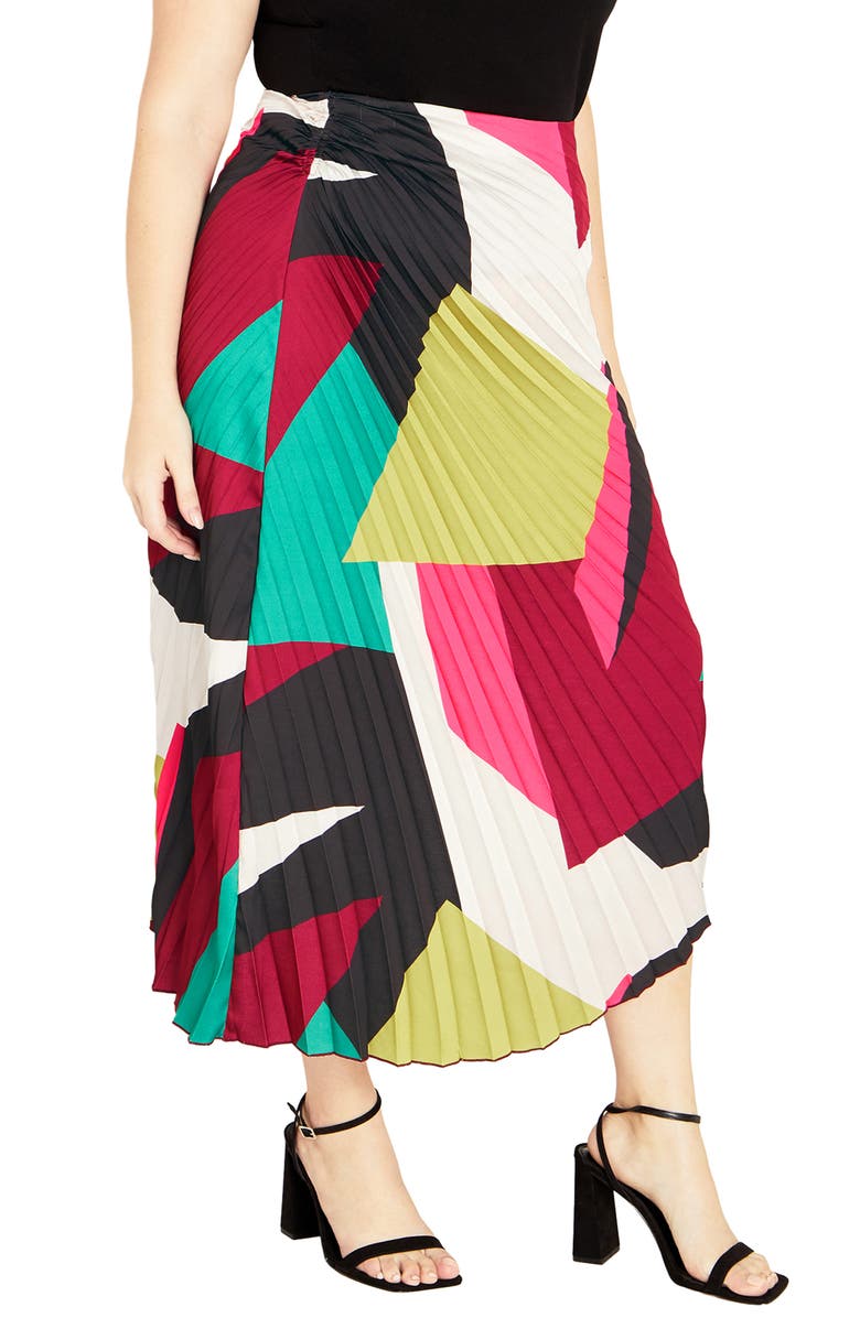 City Chic Amaya Print Pleated Satin Maxi Skirt, Alternate, color,