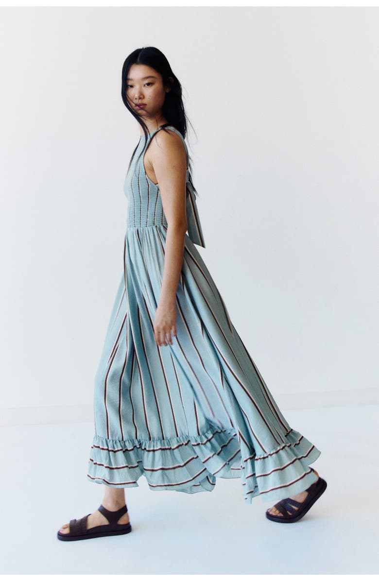 H&M Smocked-bodice dress, Main, color, Light Dusty Turquoise/Striped