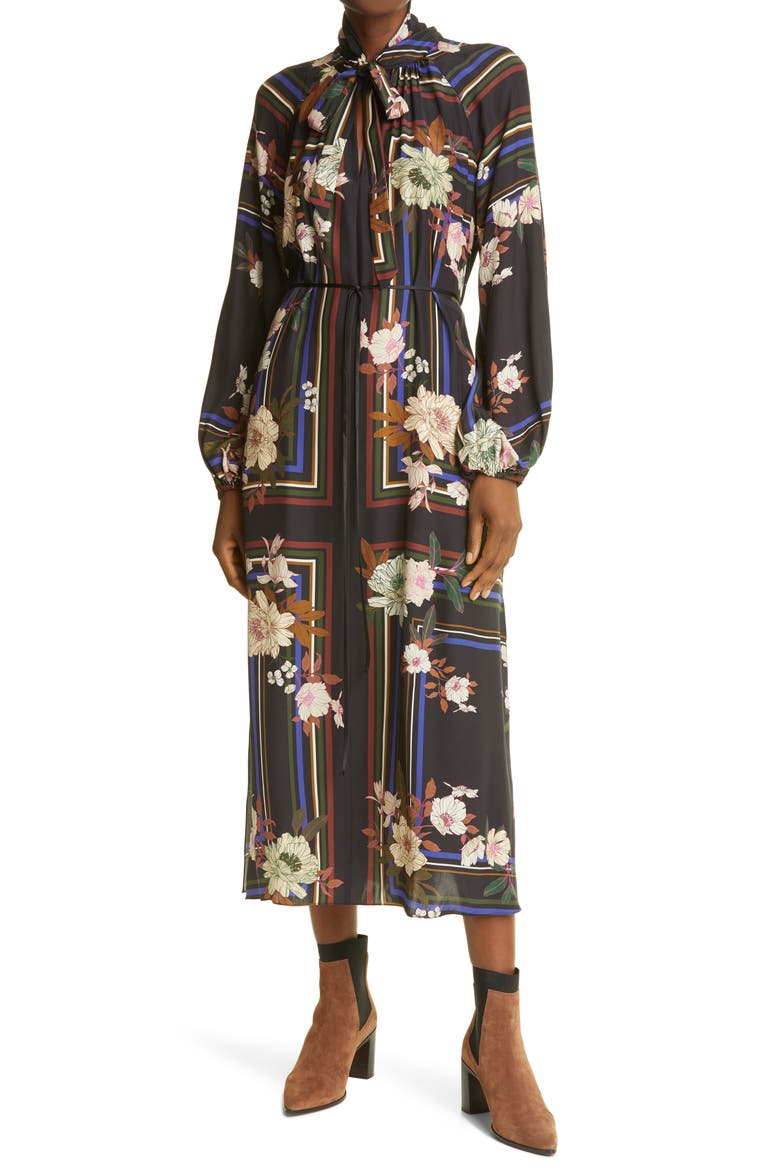 Tie Neck Scarf Print Silk Maxi Dress, Main, color, MAGNOLIA SCARF PRINT