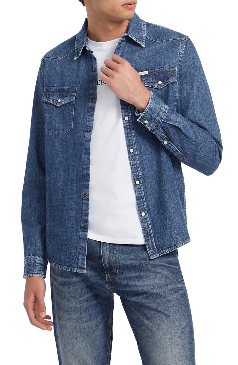 GUESS JEANS Slim Fit Western Denim Shirt, Main, color, Denim