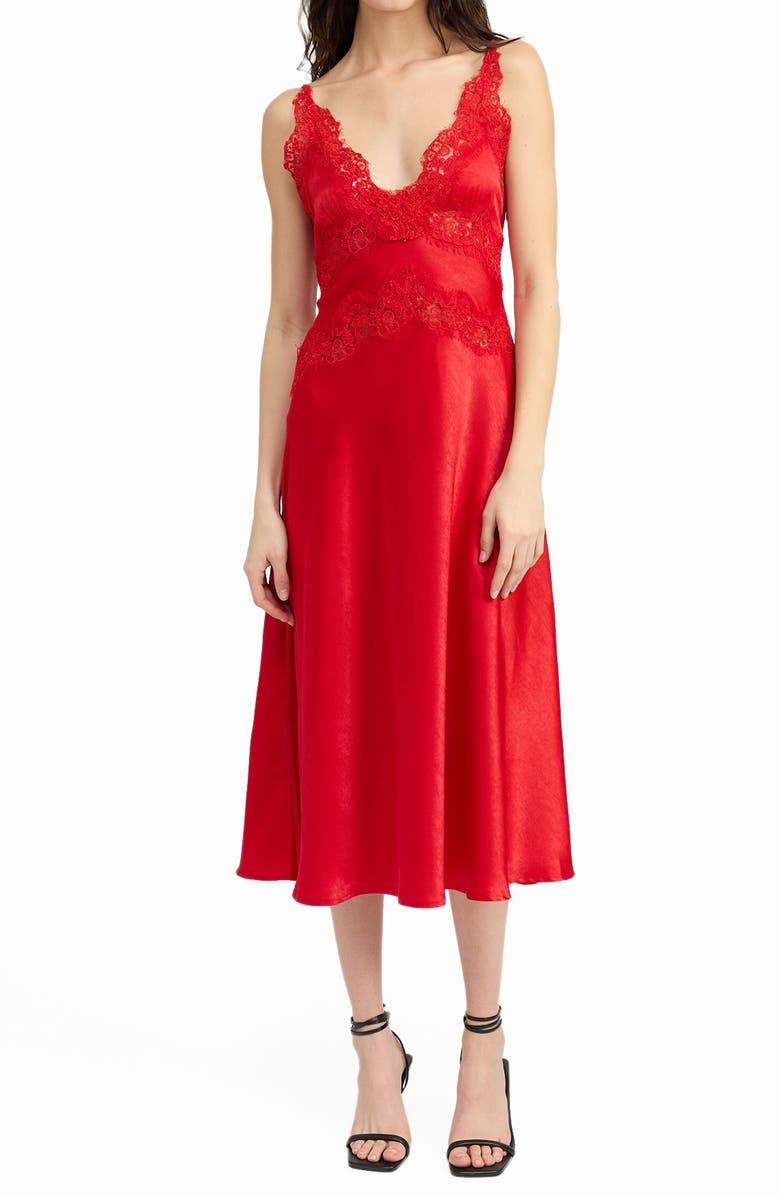 En Saison Franklie Lace Trim Satin Tie Back Midi Dress, Alternate, color,