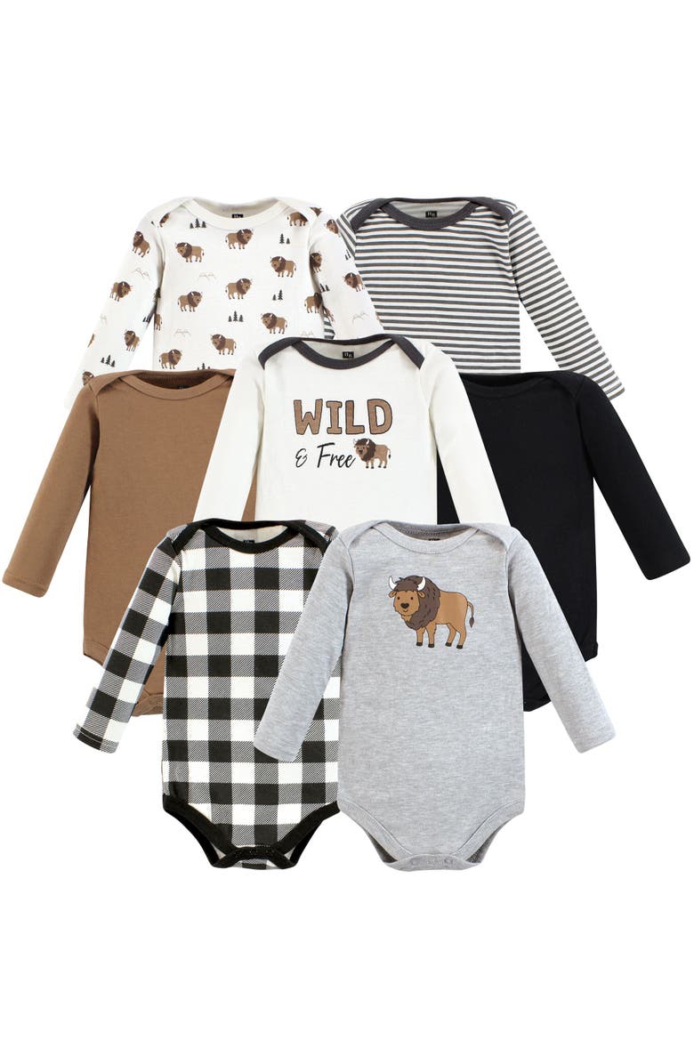 Hudson Baby Long-Sleeve Cotton Bodysuit Collection 7-Piece Set, Main, color, Wild Buffalo 7-Pack