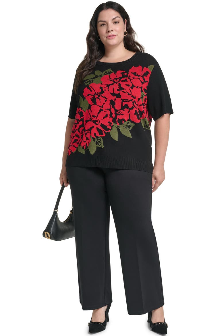 Floral Short Sleeve Sweater, Alternate, color, BLACK/ ADMIRAL RED/ GREEN