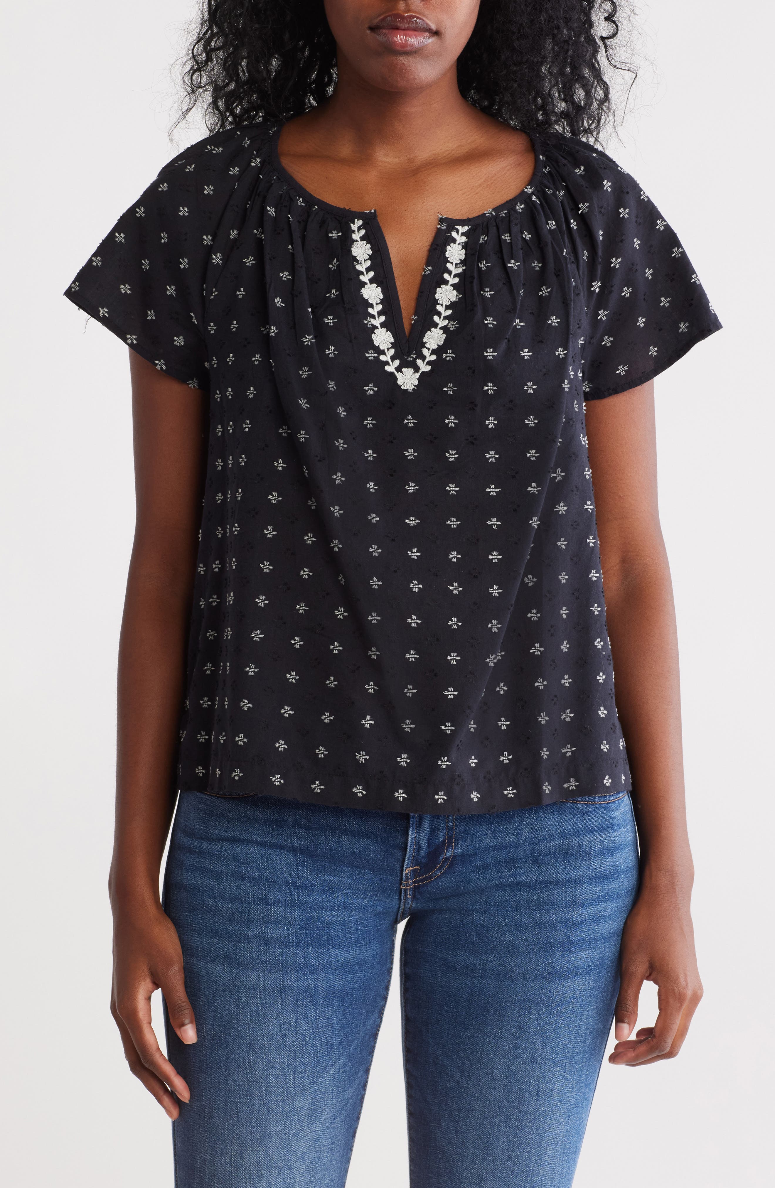 Lucky Brand Embroidered Split Neck Top