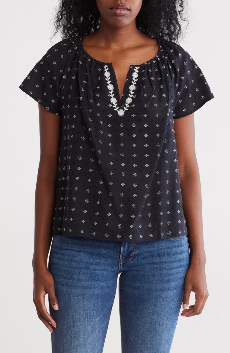 Lucky Brand Embroidered Split Neck Top, Main, color, Black Clipdot