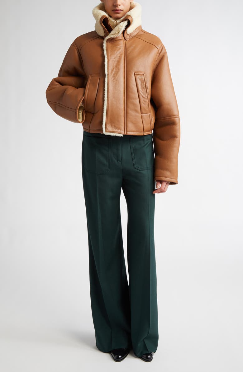 Victoria Beckham Genuine Shearling Lined Leather Pea Coat, Alternate, color, 