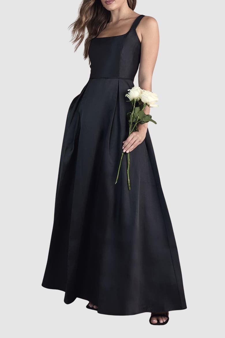 Scoop Neck Full Skirted Twill Maxi Dress, Alternate, color, Black