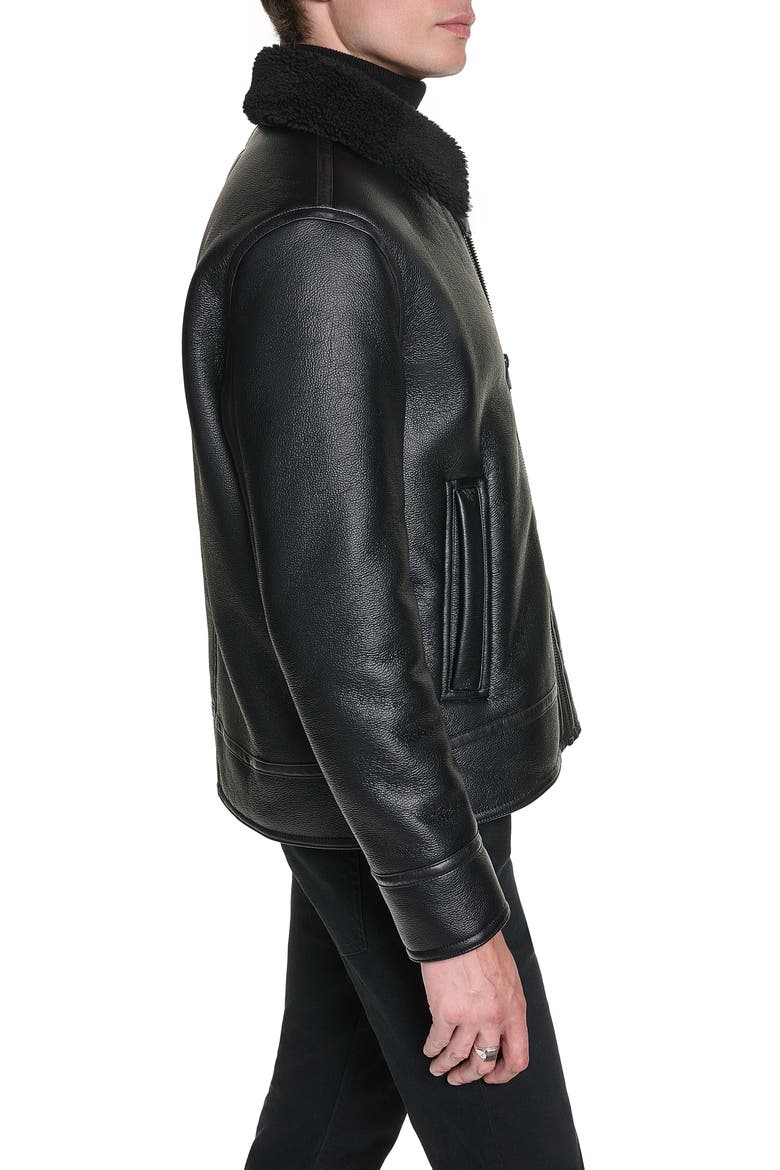 Faux Shearling Collar Faux Leather Aviator Jacket, Alternate, color, BLACK
