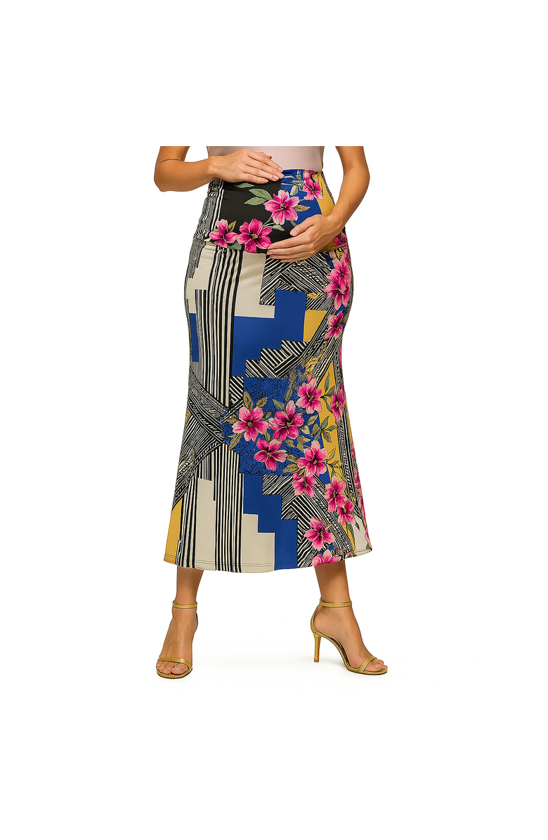 24seven Comfort Apparel Maternity Multicolor Floral Print Foldover Waist Maxi Skirt, Main, color, Blue Multi
