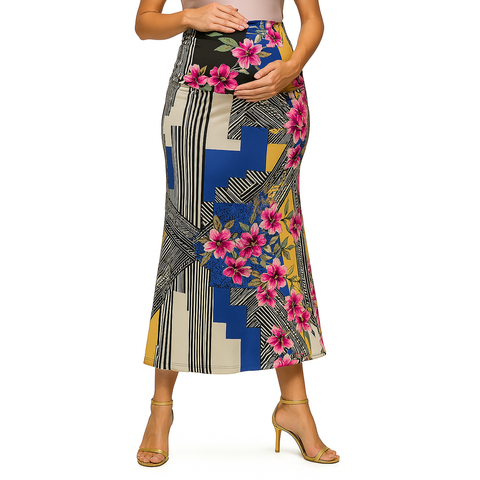 Maternity Multicolor Floral Print Foldover Waist Maxi Skirt
