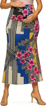 24seven Comfort Apparel Maternity Multicolor Floral Print Foldover Waist Maxi Skirt