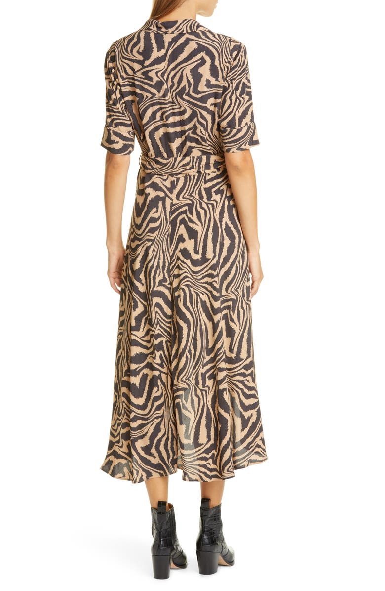 Ganni Tiger Stripe Print Wrap Midi Dress, Alternate, color, 