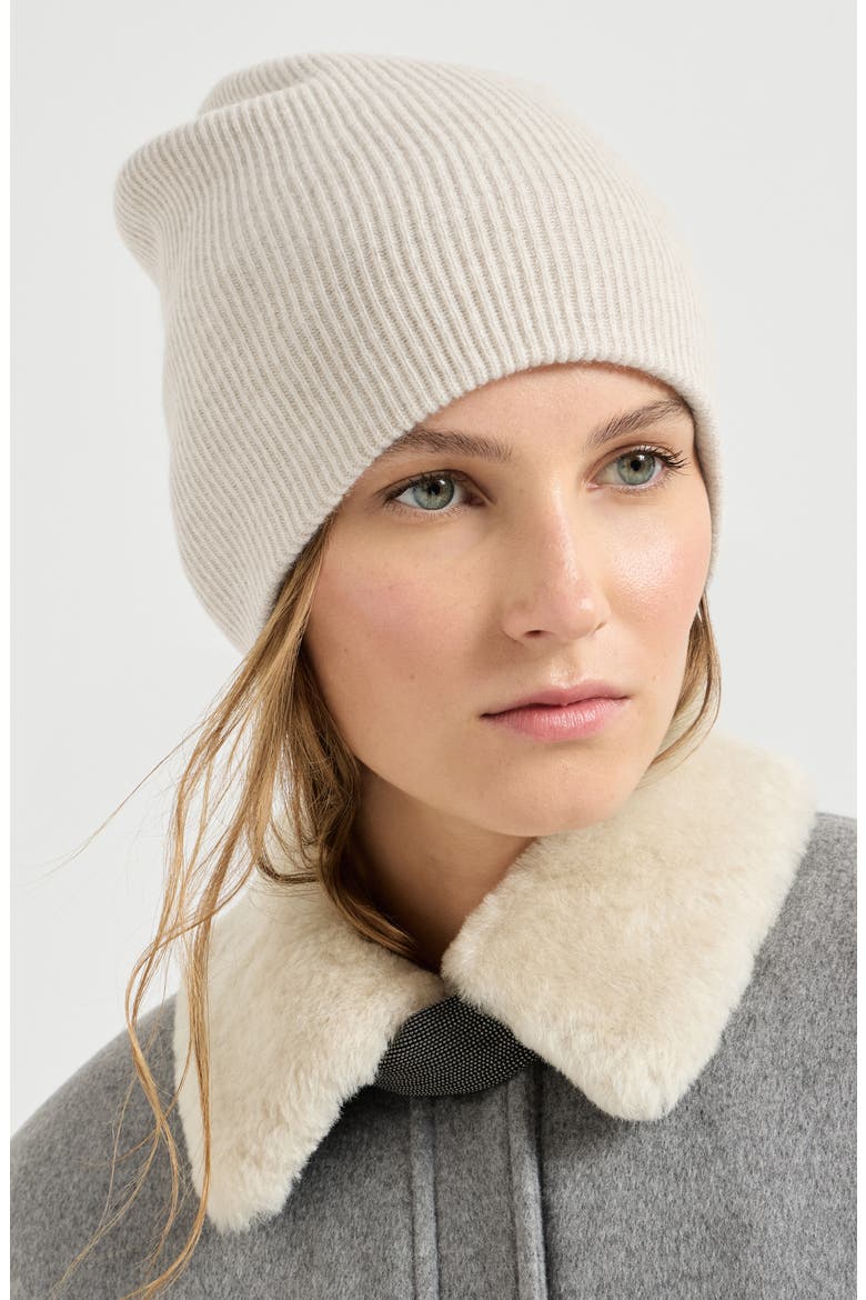 Cashmere English rib knit beanie, Alternate, color, Oyster