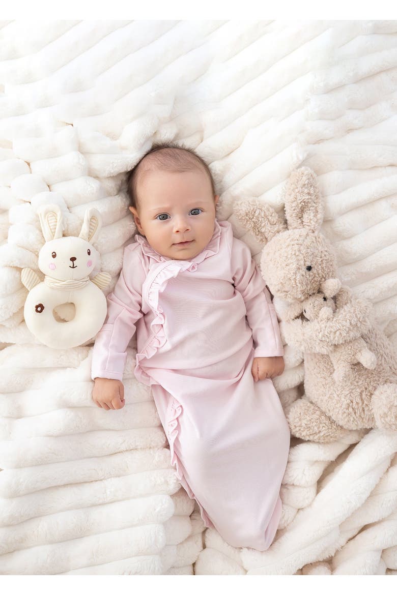 Whimsical Wildflower Long Sleeve Ruffle Trim Wrap Front Newborn Gowns, Alternate, color, Pink