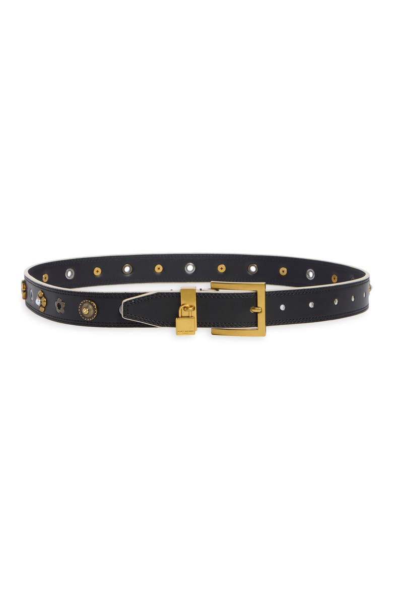 Charm Stud Leather Belt, Main, color, BLACK MULTI/ ANTIQUE BRASS
