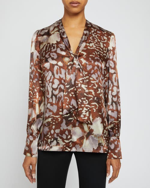 Santorelli Silk Blend Tie Neck Blouse In Hickory Multi