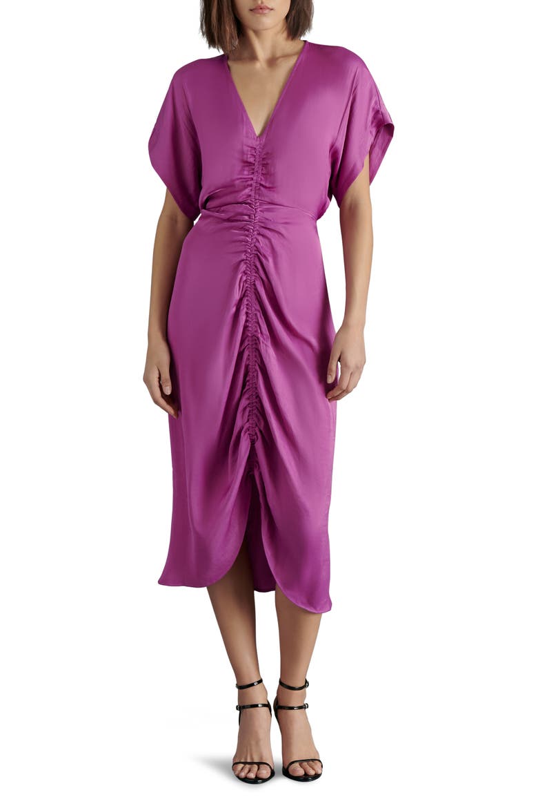Aimee Ruched Front Midi Dress, Main, color, RADIANT ORCHID